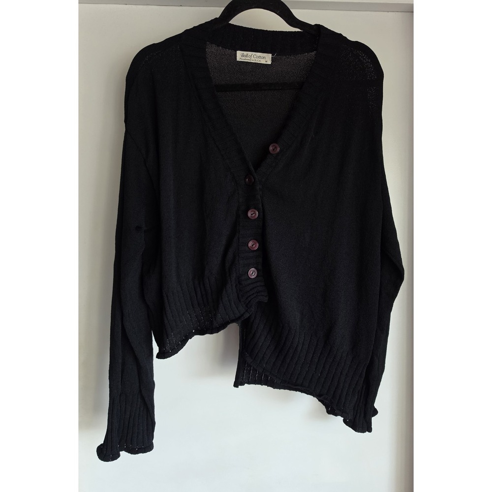 Ball of Cotton Cardigan Women M Black Long Sleeve V-Neck Solid Knit Asymmetrical